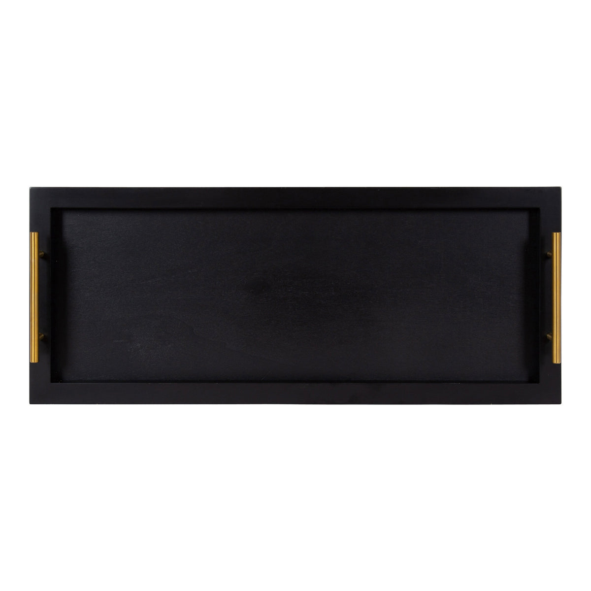 Rectangular black decorative tray with a recessed center and gold-tone metal handles on each short side, shown from above on a white background.