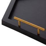 Close-up of a rectangular black tray corner featuring a straight, cylindrical gold handle mounted parallel to the tray's edge