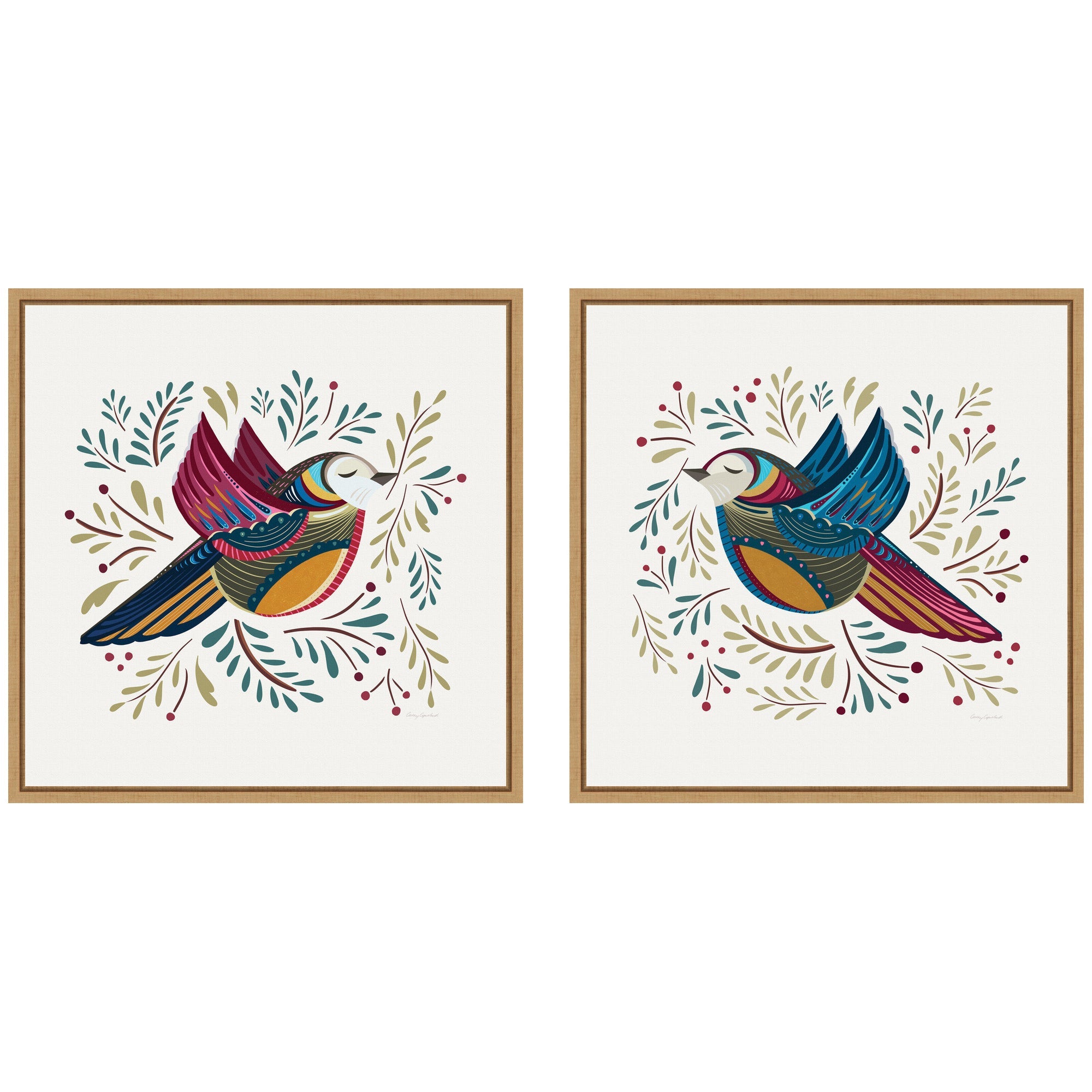 Framed canvas art set featuring abstract birds in red and blue hues titled 'Peace Birds Red and Blue' by Carey Copeland