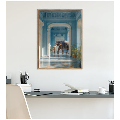 Elephant Strolling Through the Blue Wing by Michael Schauer Framed Canvas Wall Art Print