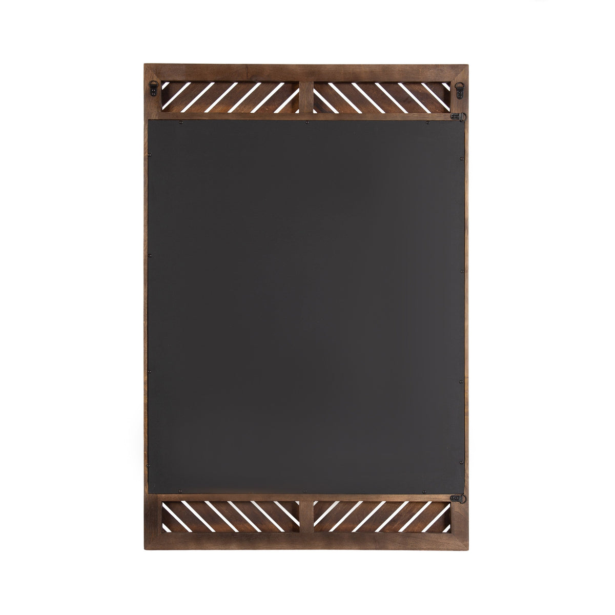 Rectangular wall mirror with a dark brown wooden frame featuring diagonal slats at the top and bottom sections.