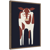 Stylized brown and white cow wearing red glasses on a dark navy background, framed with a simple brown wooden frame.