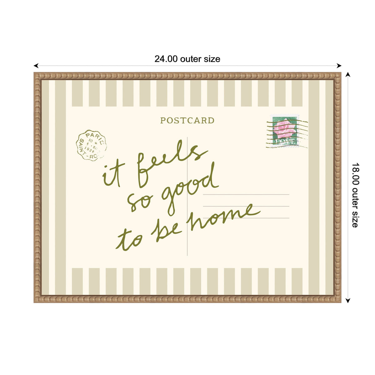Framed vintage postcard print with beige vertical stripes and green cursive text reading "it feels so good to be home" with a pink flower postage stamp and Paris postmark.