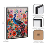 Framed colorful boho peacock artwork with bright pink, teal, and orange floral patterns, displayed in a black-finished natural oak wood frame with sawtooth hangers.
