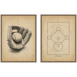 Two framed vintage-style prints on beige backgrounds; left features detailed sketch of a baseball glove with ball, right shows a minimalist baseball field diagram in black lines.
