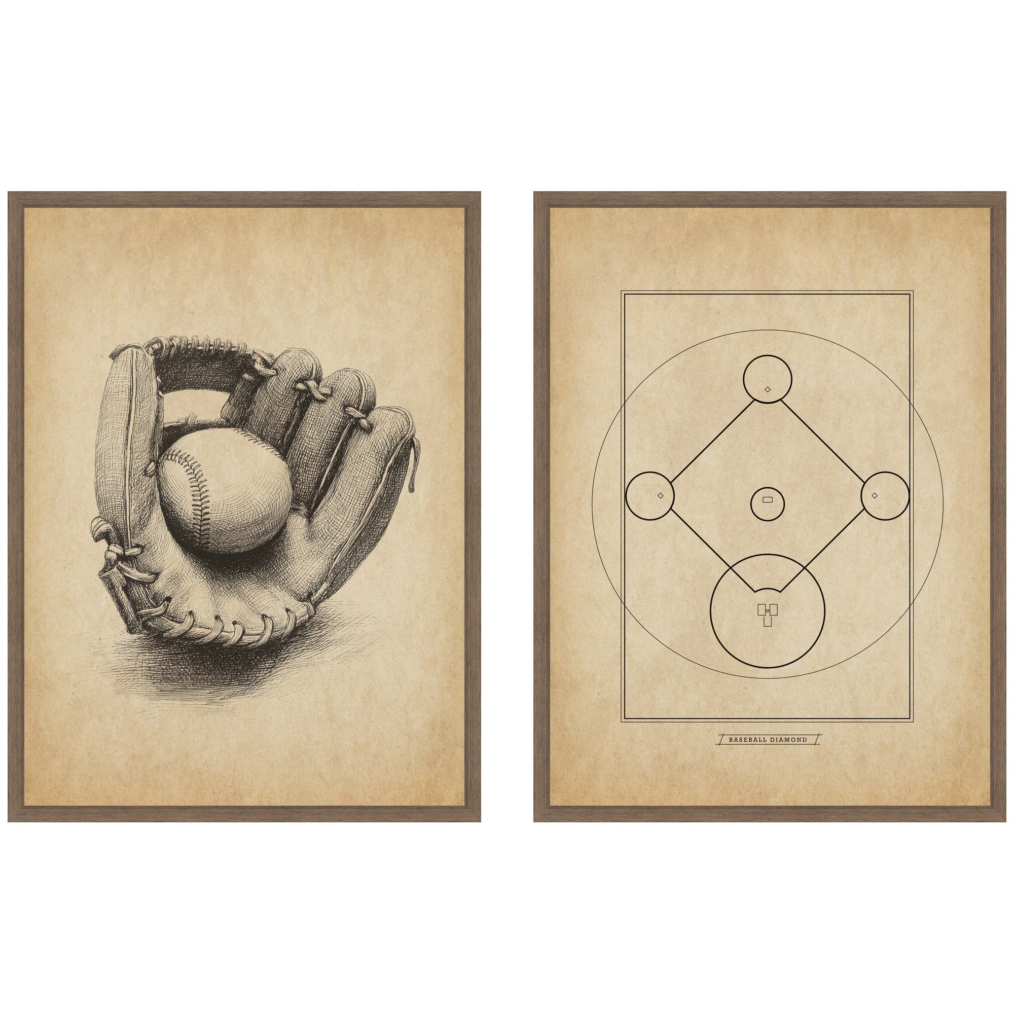 Vintage Baseball 2 Piece Framed Canvas Wall Art Set by The Creative Bunch Studio