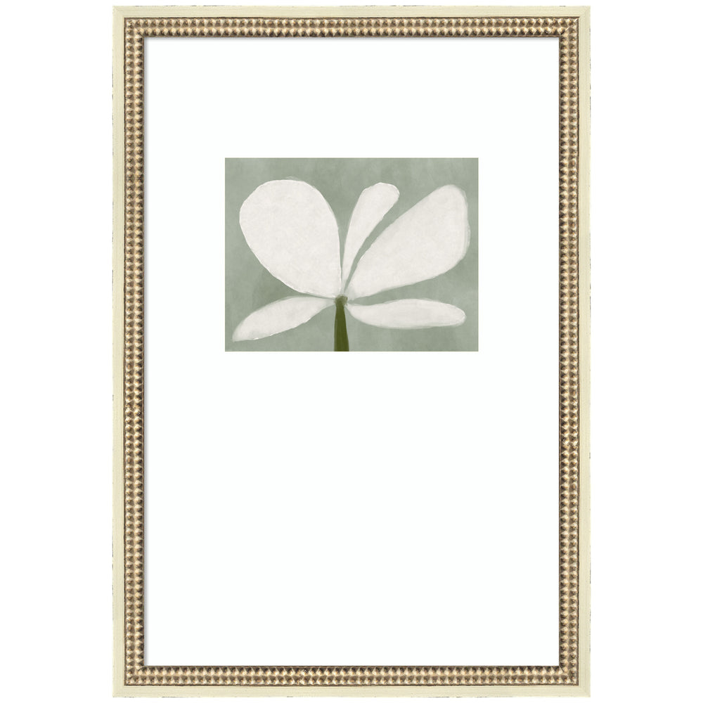 Framed White Floral No.
2 wall art print by Gabrielly Guedes showing a soft floral design in white and beige tones in a distressed white frame.