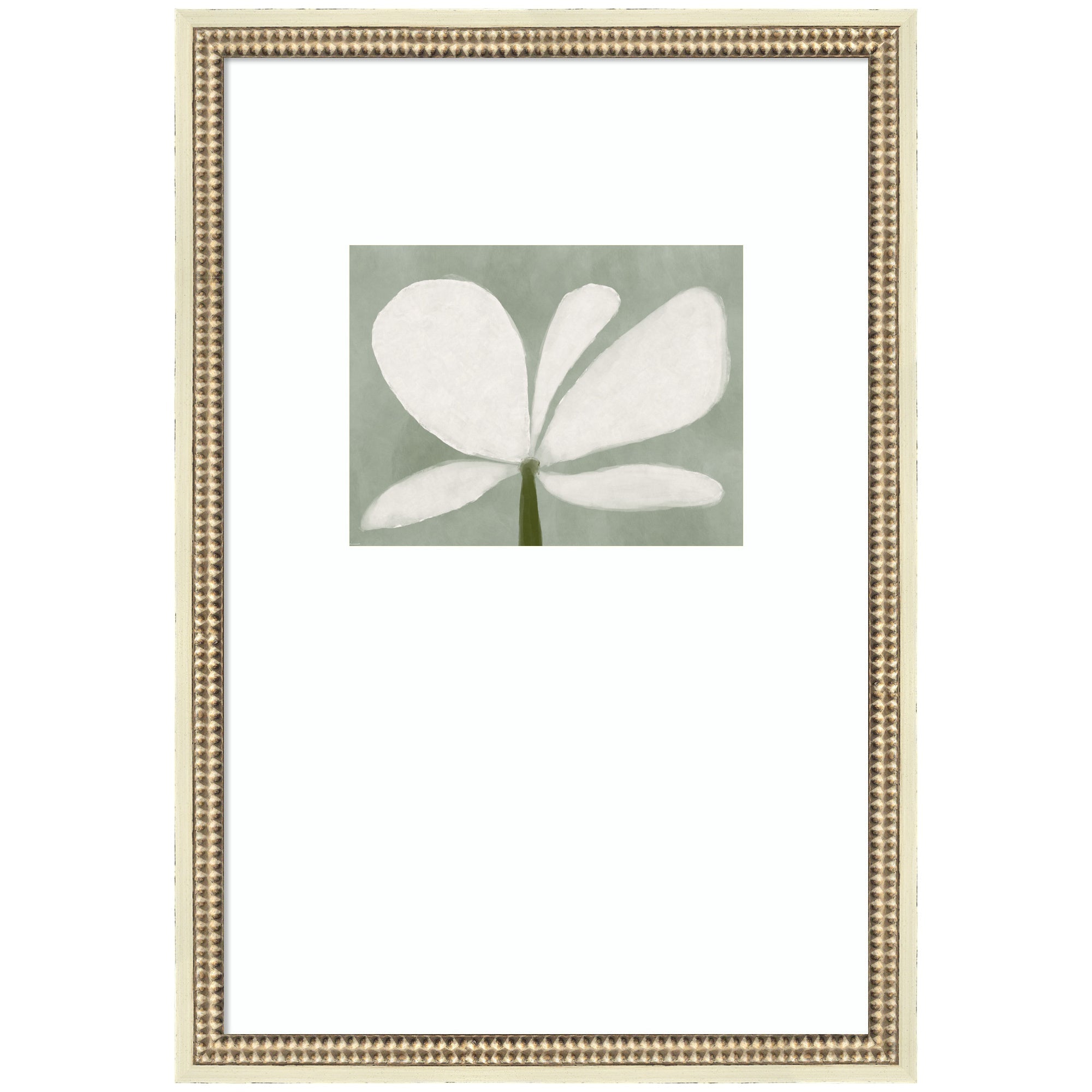 Framed White Floral No.
2 wall art print by Gabrielly Guedes showing a soft floral design in white and beige tones in a distressed white frame.