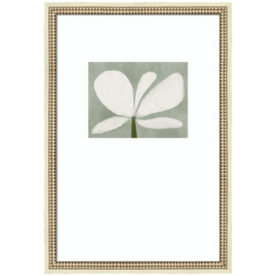 Framed White Floral No.
2 wall art print by Gabrielly Guedes showing a soft floral design in white and beige tones in a distressed white frame.