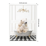 Framed canvas showing a mother and baby polar bear cuddling inside a light gray clawfoot bathtub on a black-and-white checkerboard floor, with a modern chandelier above.