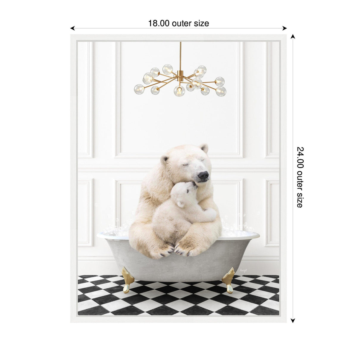 Framed canvas showing a mother and baby polar bear cuddling inside a light gray clawfoot bathtub on a black-and-white checkerboard floor, with a modern chandelier above.