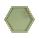 Hexagonal olive green decorative tray with raised edges and two parallel gold handles on opposite sides, shown from a top-down view.