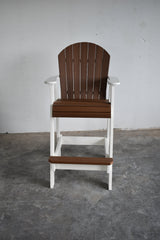 Brown slatted Adirondack-style seat and backrest on a white high chair frame with armrests and a front footrest, placed on a gray concrete floor against a plain wall.