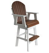 Two-toned Adirondack chair with brown slatted wood seat and backrest, white frame and armrests, and a built-in footrest on tall legs.