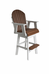 Swivel Adirondack chair with white frame and armrests, featuring brown slatted seat and backrest, plus a footrest on the lower front side.