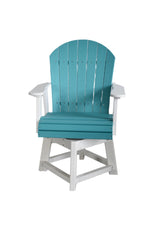 Swivel Adirondack chair with turquoise slatted back and seat, white armrests and base, shown front-facing on a white background.