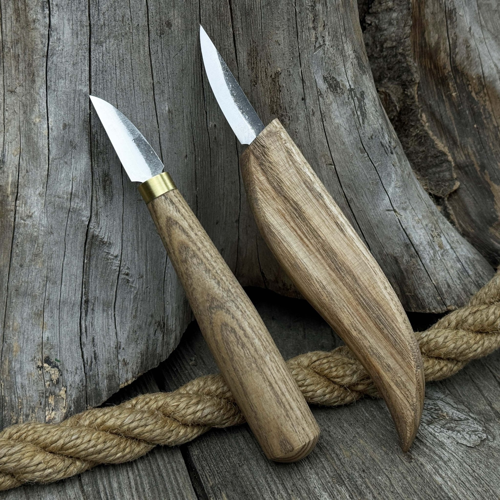 2-piece carving knife set with ash wood handles and forged steel blades for fine detail woodworking