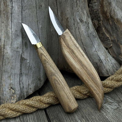 2-piece carving knife set with ash wood handles and forged steel blades for fine detail woodworking