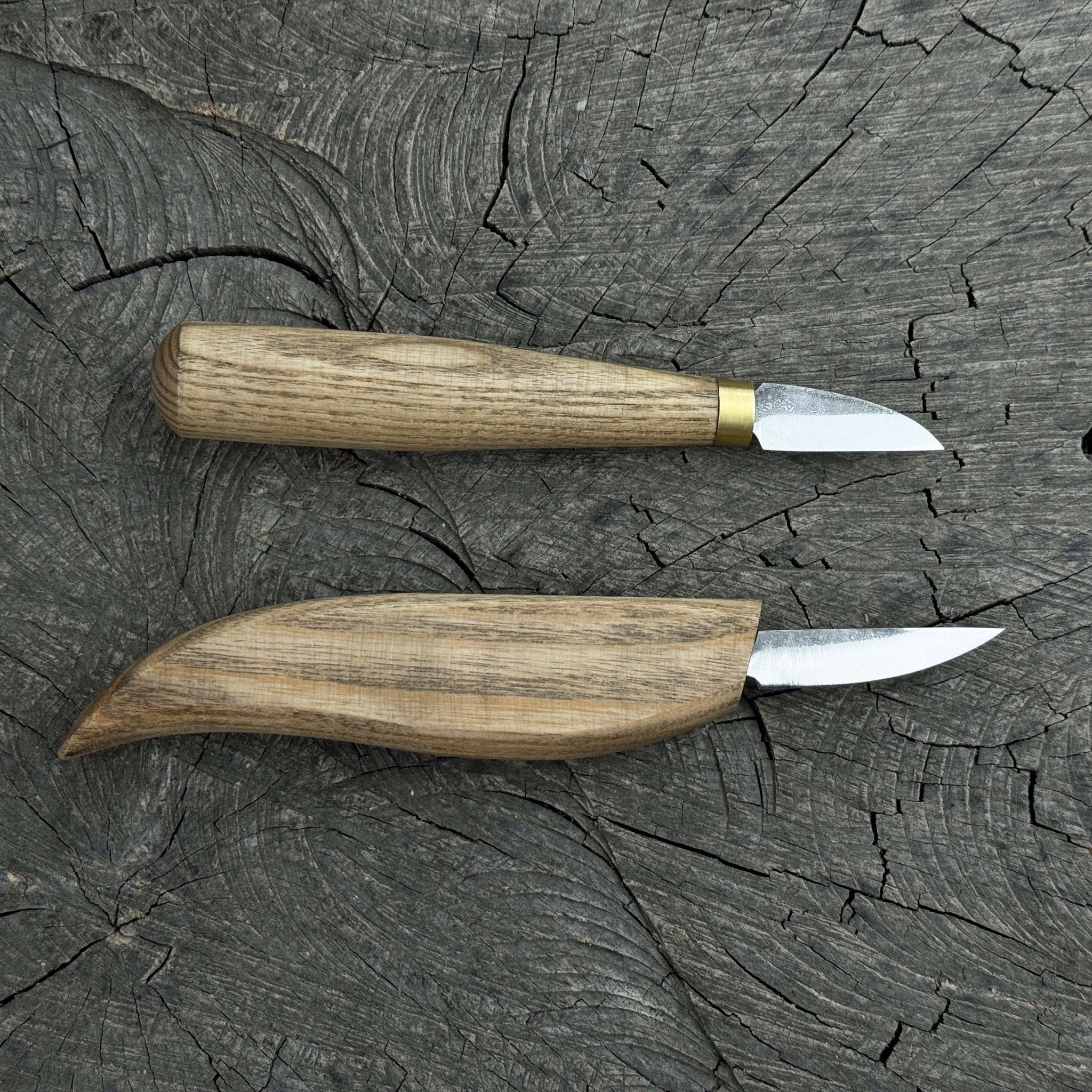 2-piece carving knife set with ash wood handles and forged steel blades for fine detail woodworking