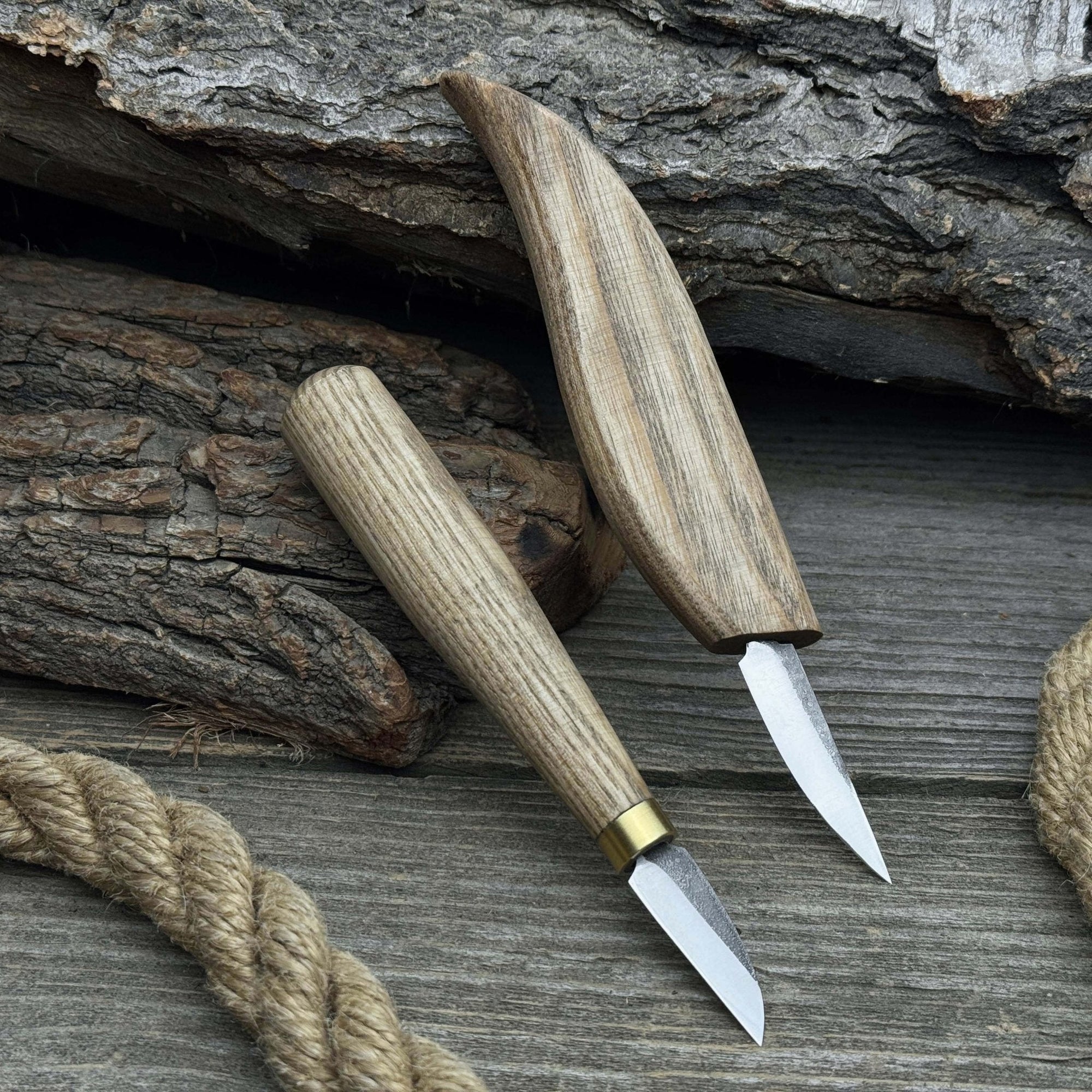 2-piece carving knife set with ash wood handles and forged steel blades for fine detail woodworking