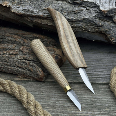 2-piece carving knife set with ash wood handles and forged steel blades for fine detail woodworking