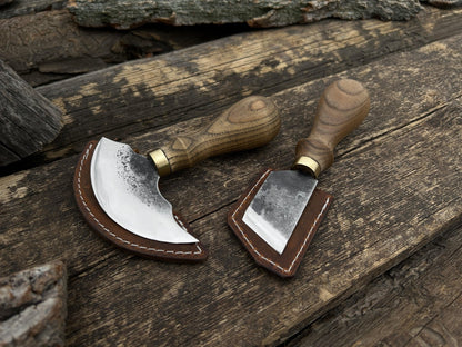 2-piece hand-forged rounded and angled leather knife set with ash wood handles