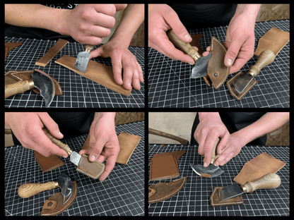 2-piece hand-forged rounded and angled leather knife set with ash wood handles