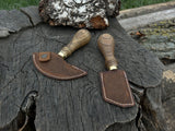 2-piece hand-forged rounded and angled leather knife set with ash wood handles