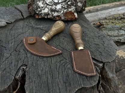 2-piece hand-forged rounded and angled leather knife set with ash wood handles