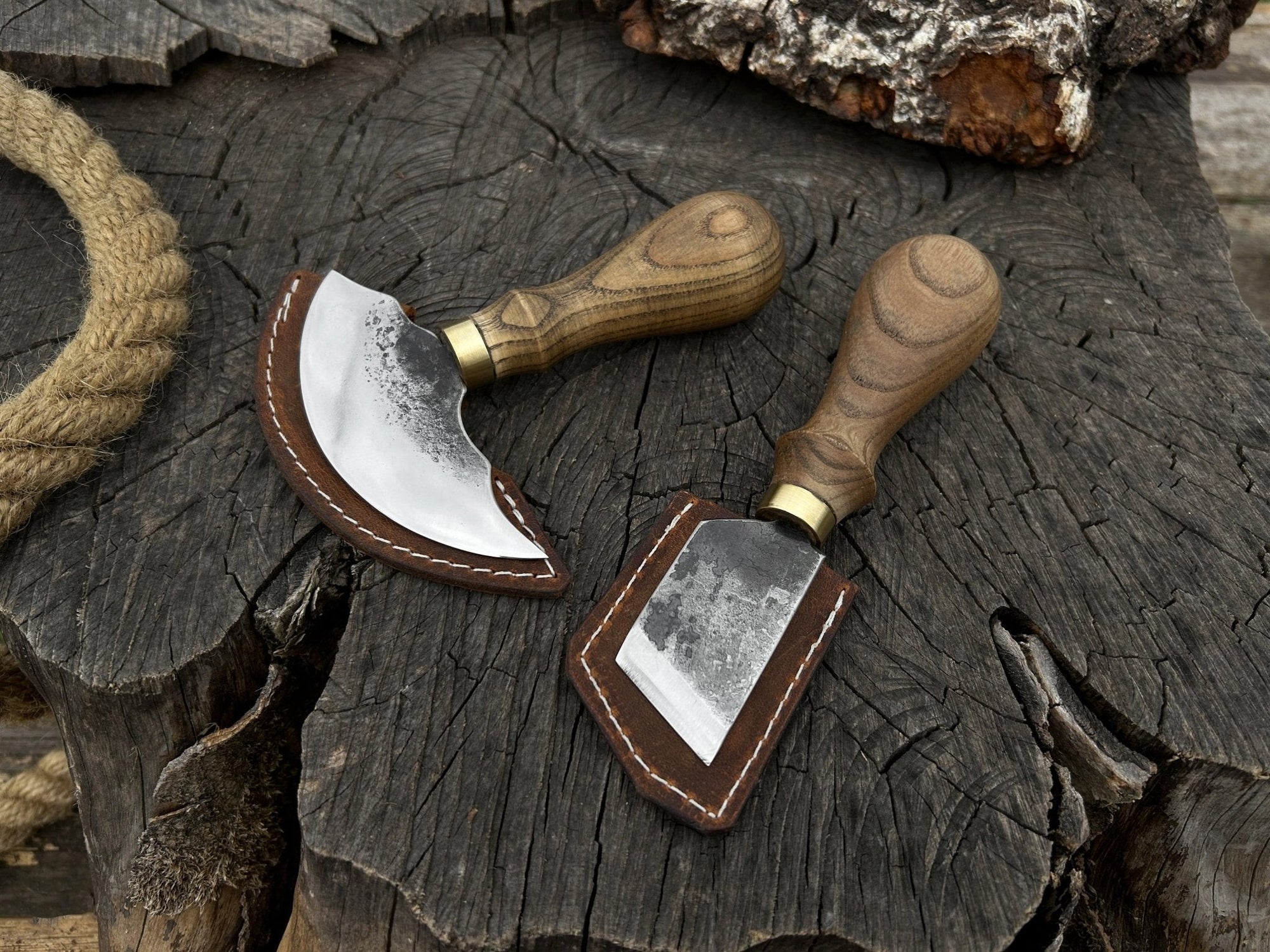 2-piece hand-forged rounded and angled leather knife set with ash wood handles