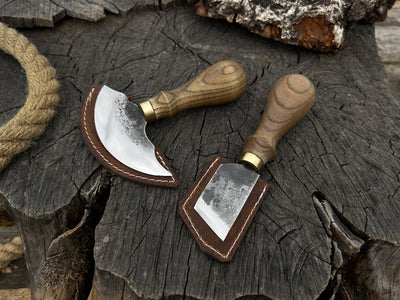 2-piece hand-forged rounded and angled leather knife set with ash wood handles