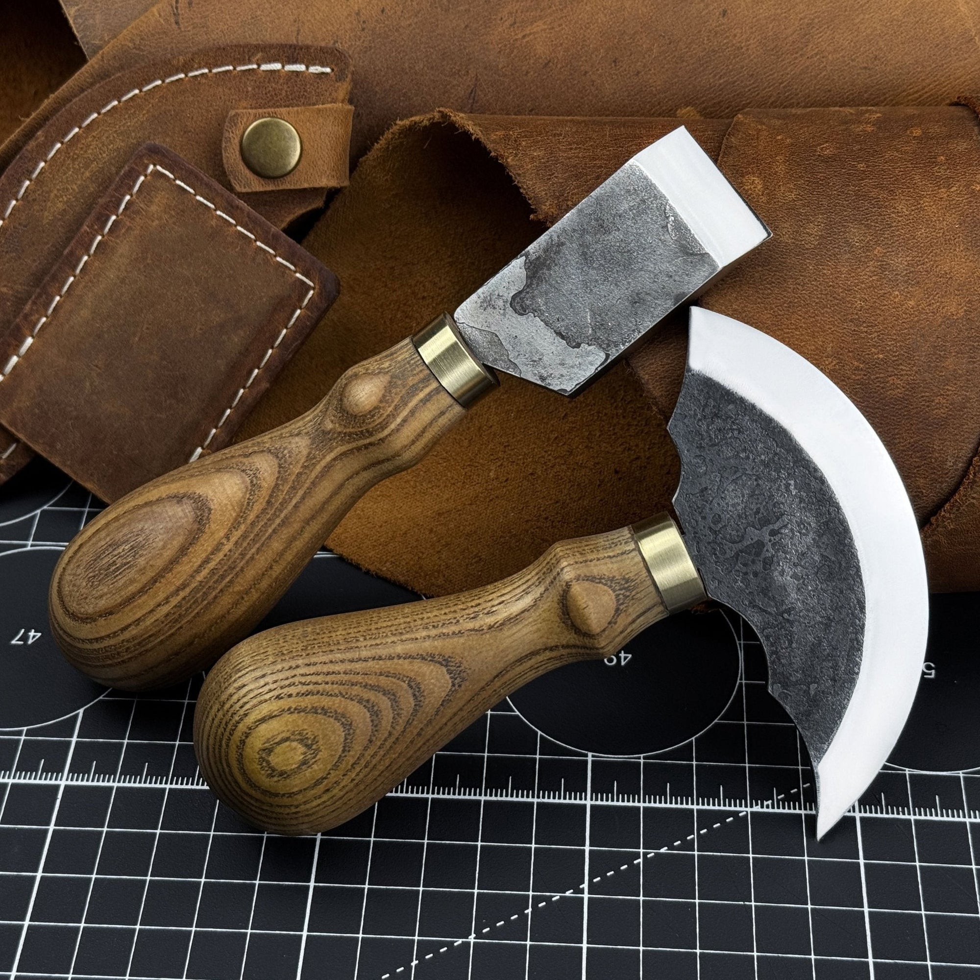 2-Piece Rounded and Straight Leather Knife Set with ash wood handles