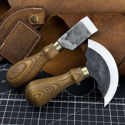 2-Piece Rounded and Straight Leather Knife Set with ash wood handles