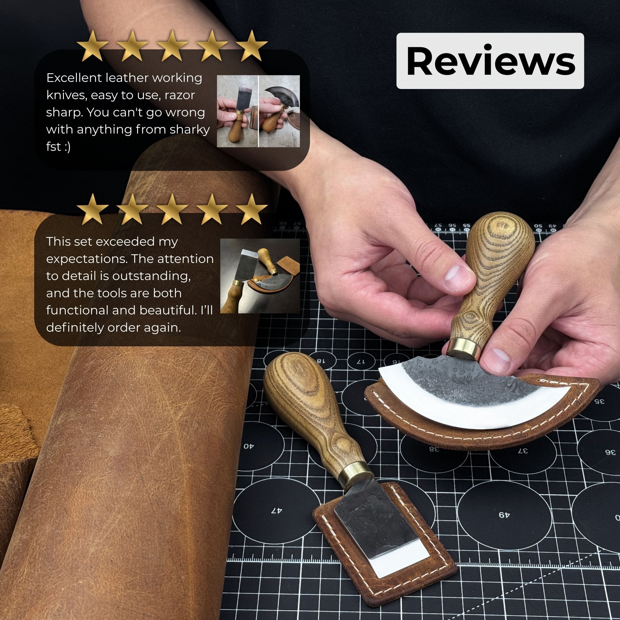 2-Piece Rounded and Straight Leather Knife Set with ash wood handles