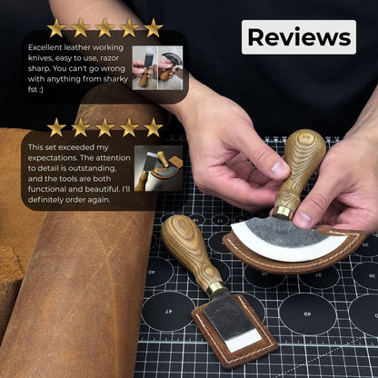 2-Piece Rounded and Straight Leather Knife Set with ash wood handles