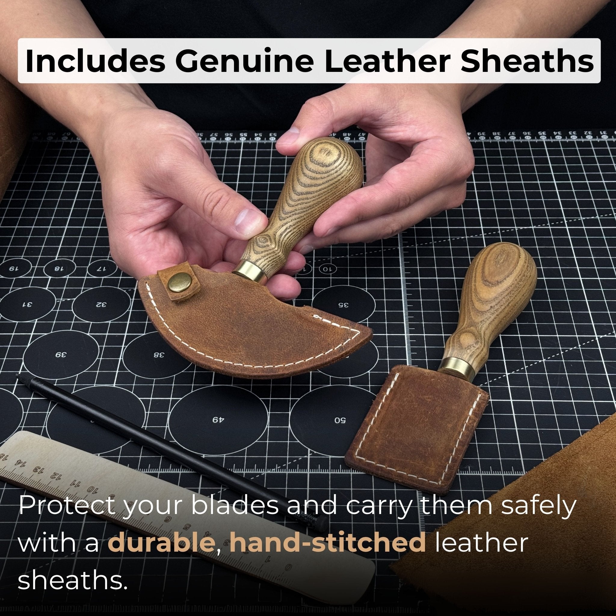 2-Piece Rounded and Straight Leather Knife Set with ash wood handles