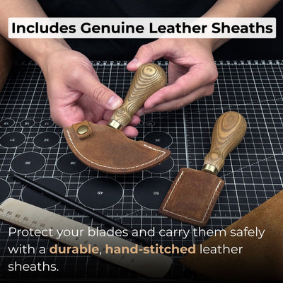 2-Piece Rounded and Straight Leather Knife Set with ash wood handles
