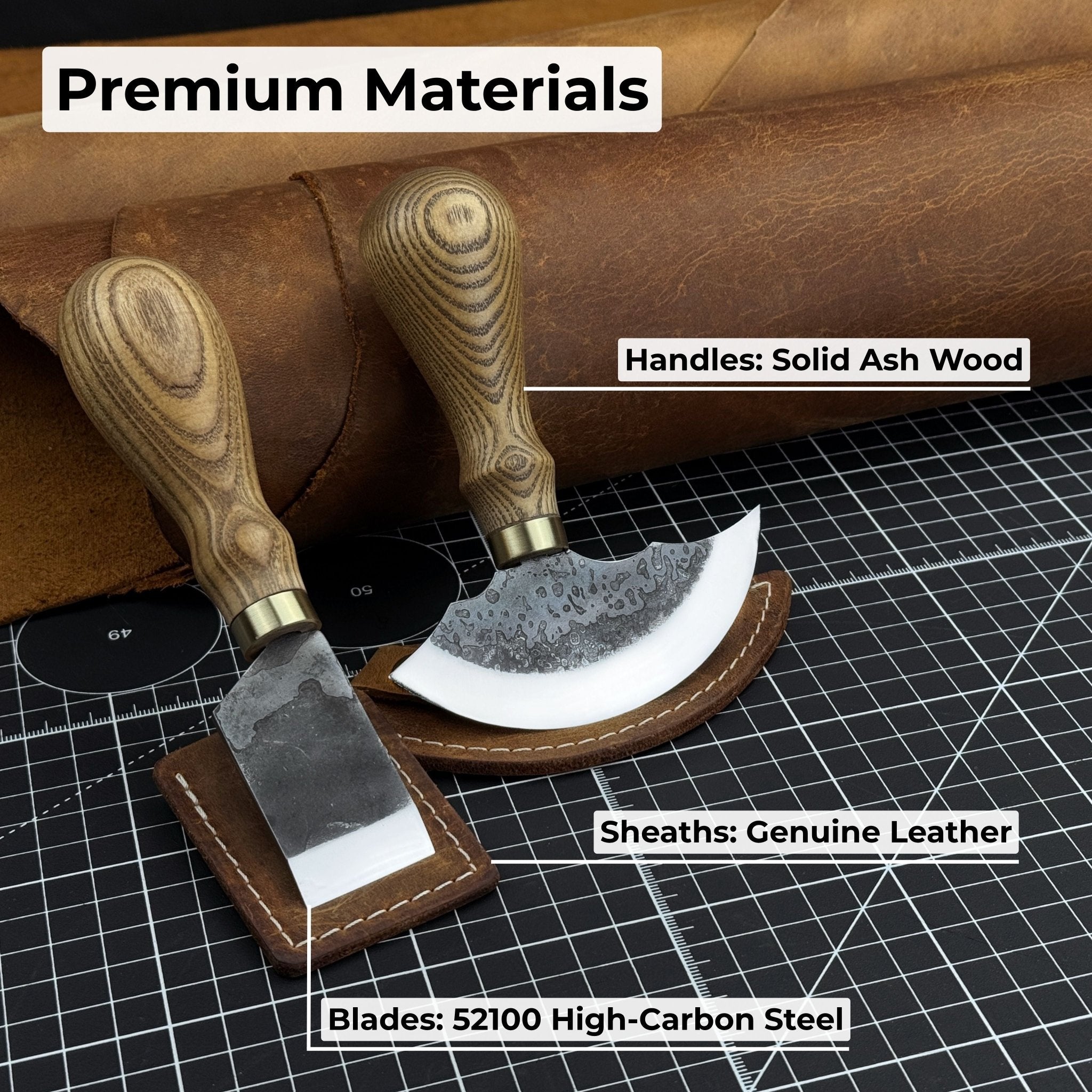 2-Piece Rounded and Straight Leather Knife Set with ash wood handles