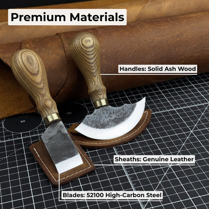 2-Piece Rounded and Straight Leather Knife Set with ash wood handles