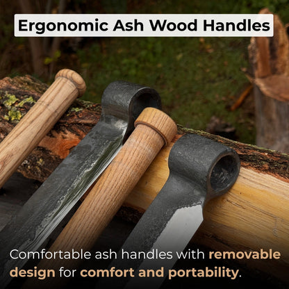 2-Piece Splitting Froe Set with ash wood handles and forged steel blades