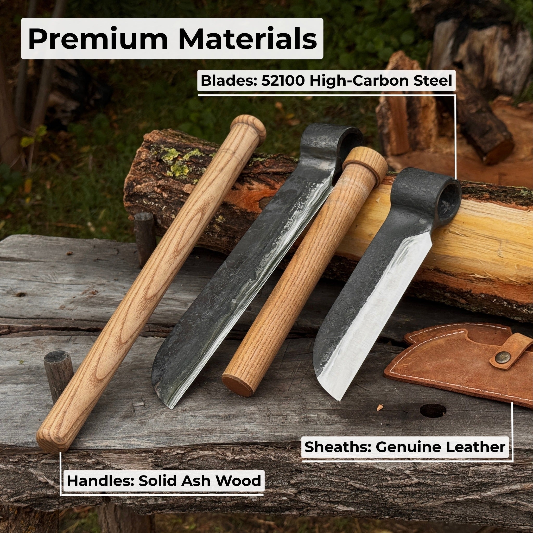 2-Piece Splitting Froe Set with ash wood handles and forged steel blades