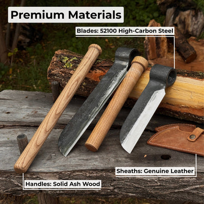 2-Piece Splitting Froe Set with ash wood handles and forged steel blades