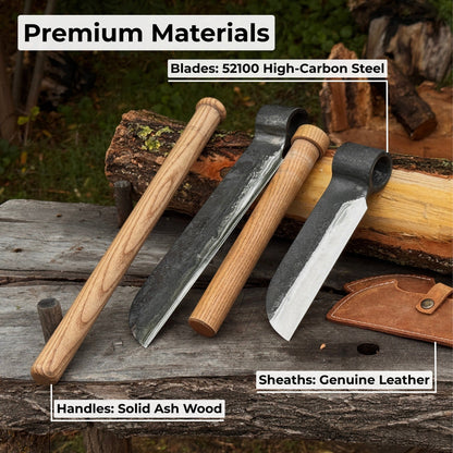 2-Piece Splitting Froe Set with ash wood handles and forged steel blades