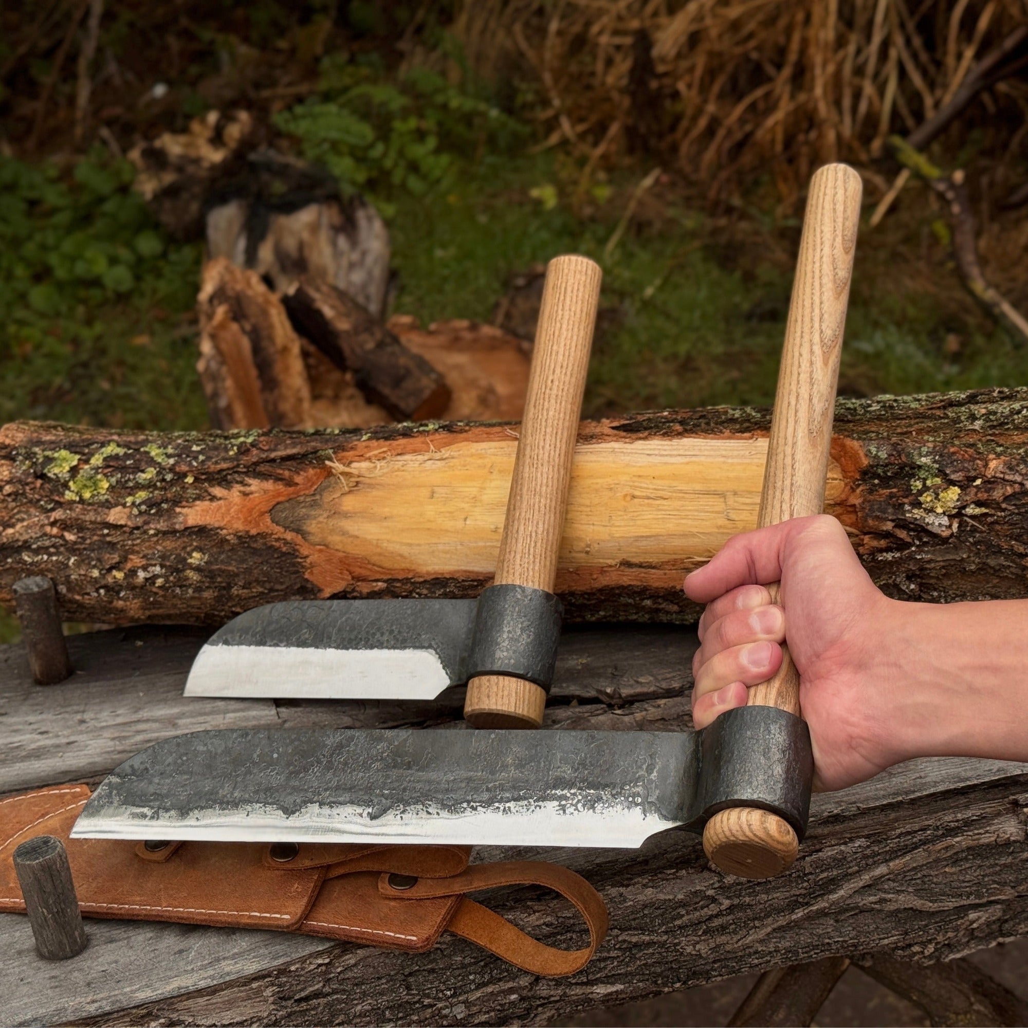 2-Piece Splitting Froe Set with ash wood handles and forged steel blades