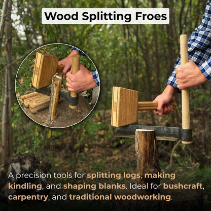 2-Piece Splitting Froe Set with ash wood handles and forged steel blades