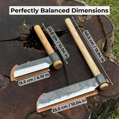 2-Piece Splitting Froe Set with ash wood handles and forged steel blades