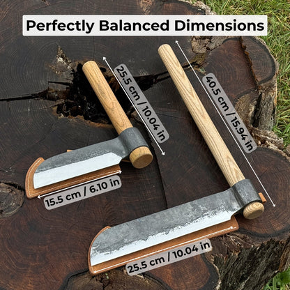 2-Piece Splitting Froe Set with ash wood handles and forged steel blades