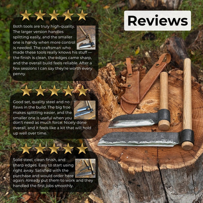2-Piece Splitting Froe Set with ash wood handles and forged steel blades