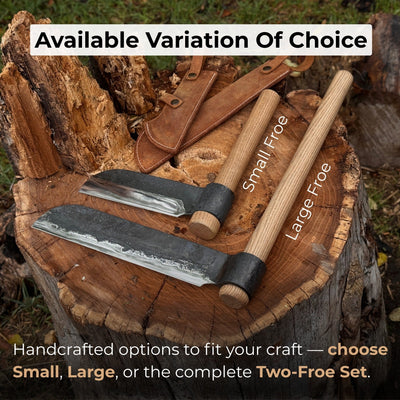 2-Piece Splitting Froe Set with ash wood handles and forged steel blades