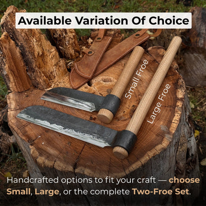 2-Piece Splitting Froe Set with ash wood handles and forged steel blades